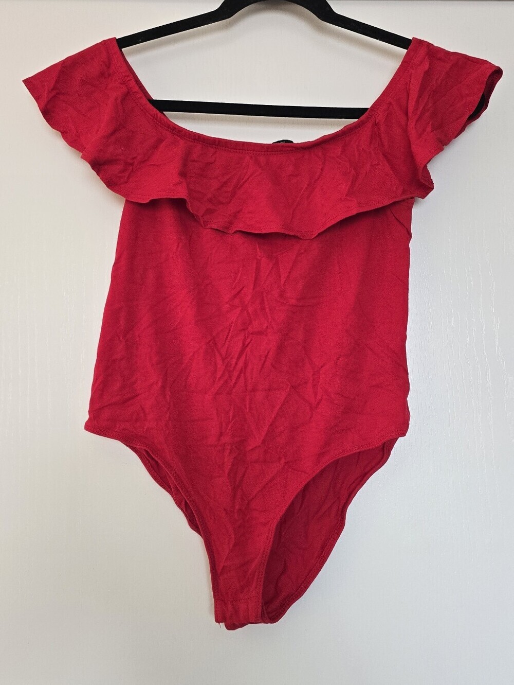 Ambiance - Red Off-The-Shoulder Ruffle-Neck Bodysuit